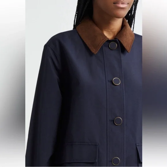 NWT Veronica Beard Arlen Corduroy Trim Barn Coat Navy Brown - Picture 8 of 12